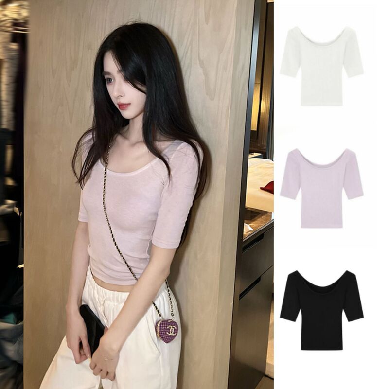 Trendy Half-Sleeve U-Neck T-Shirt for Women, Summer Low-Neck Short Slim-Fit Base Layer, Versatile Five-Quarter Sleeve Top