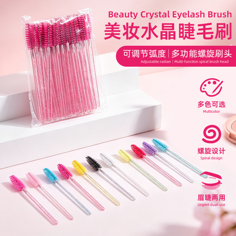 Colorful Disposable Makeup Brushes with Crystal Handles, Eyelash Brushes, Eyebrow Combs, Transparent Handle Eyelash Brushes, Eyelash Curlers, Makeup Tools
