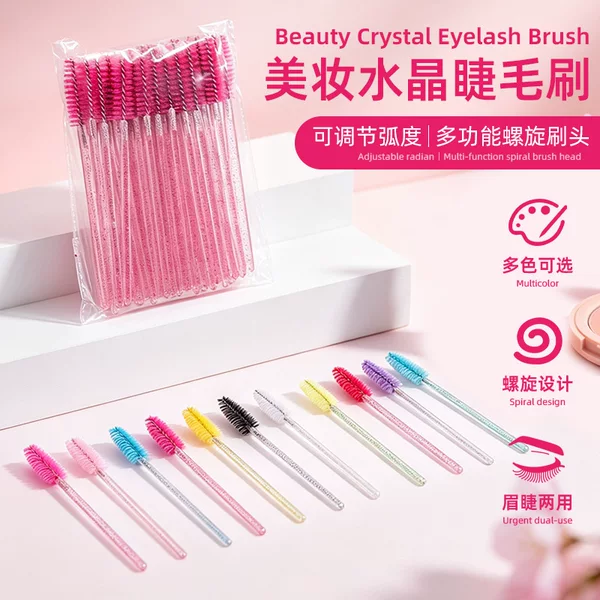 Colorful Disposable Makeup Brushes with Crystal Handles, Eyelash Brushes, Eyebrow Combs, Transparent Handle Eyelash Brushes, Eyelash Curlers, Makeup Tools
