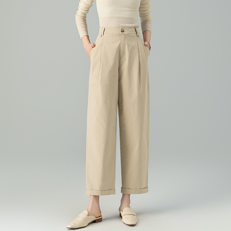 Quần ống rộng nữ vải Tencel cotton mỏng mùa xuân hè, dáng suông thon gọn ống thẳng — Màu kaki