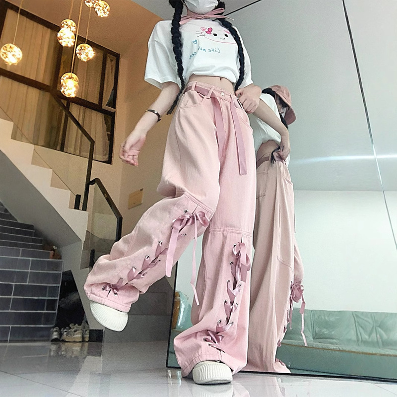 2025 Summer Dopamine Girl Bow Tie Work Jeans High Waist Drape Floor-Mopping Pants