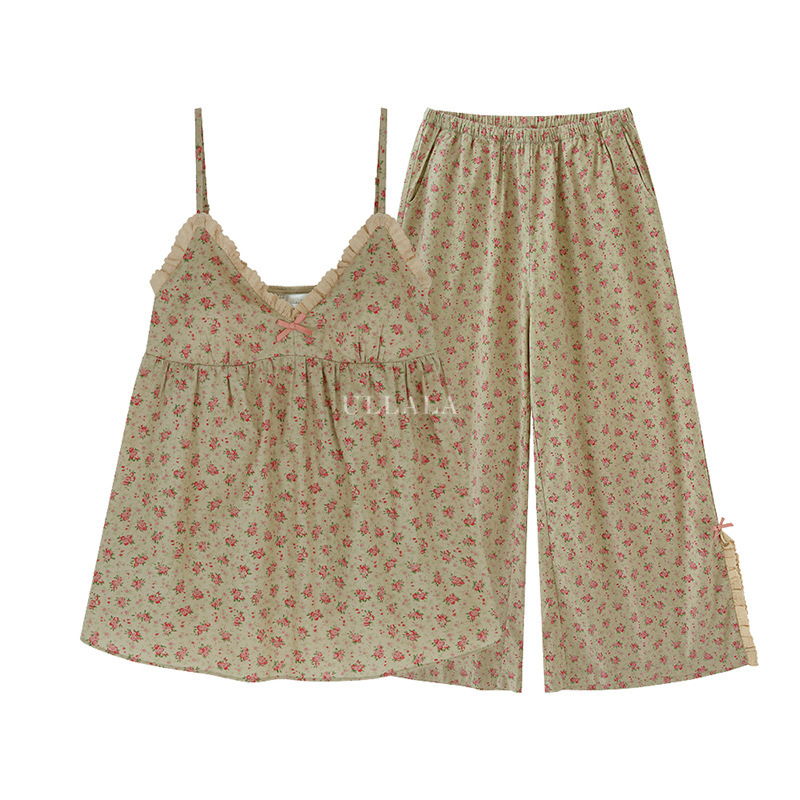 女性用胸パッド付きパジャマ、夏スタイル、甘くてかわいい純綿サスペンダーホーム服、夏の半袖ズボン、サマースーツ|undefined