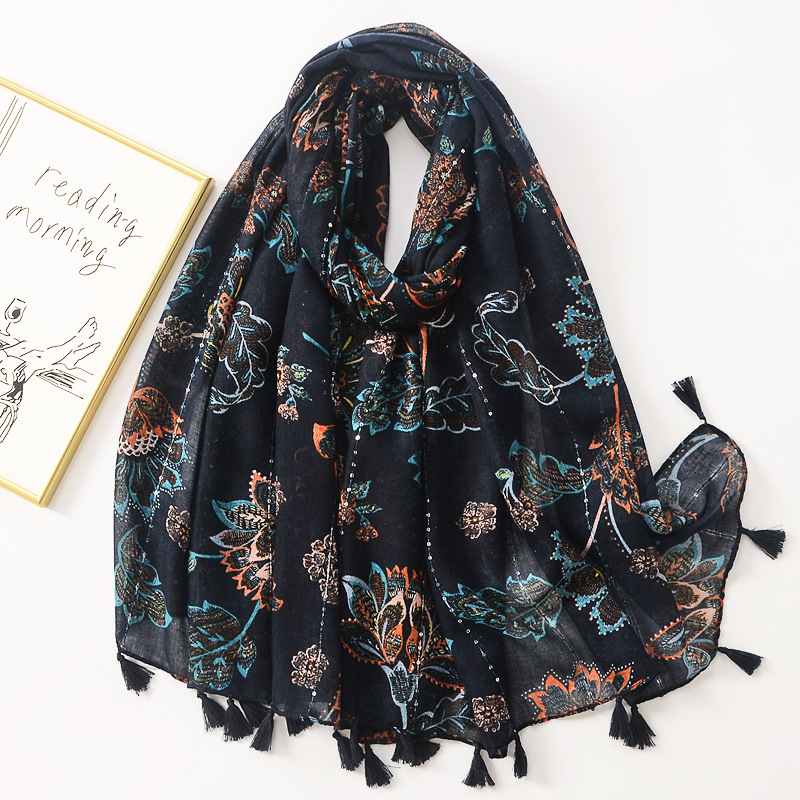 Cross-border retro color sólido floral lentejuelas impresión decorativa de algodón y lino sensación bufanda borla bufanda delgada chal de viaje