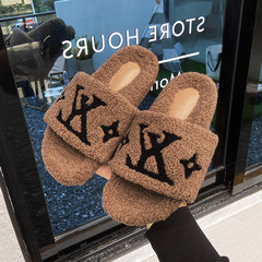 Women's Fashion Slippers with Plush Wool, 2023 New Fall/Winter Cotton Letter Embroidered Warm Flat Slip-on Slippers for Outdoor Wear