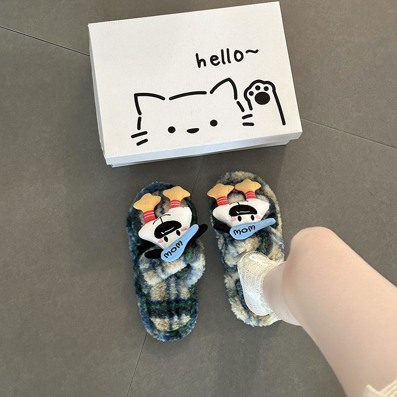 帕恰狗情侣休闲毛毛鞋女秋冬季可爱卡通撞色格子平底一字带棉拖鞋|undefined