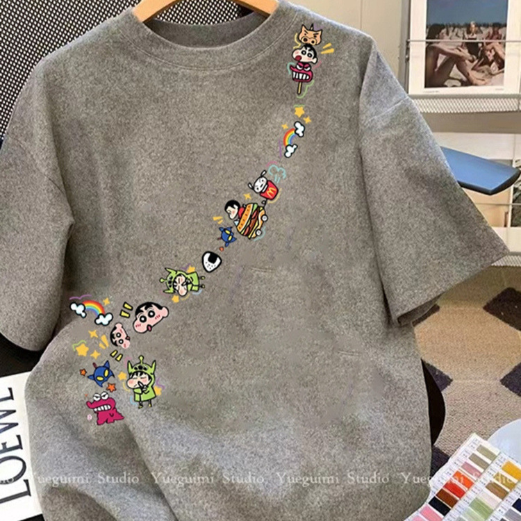 chubby girl extra large size 150.00kg cute cartoon crayon small new print short sleeve T-shirt women's summer new slimming top
