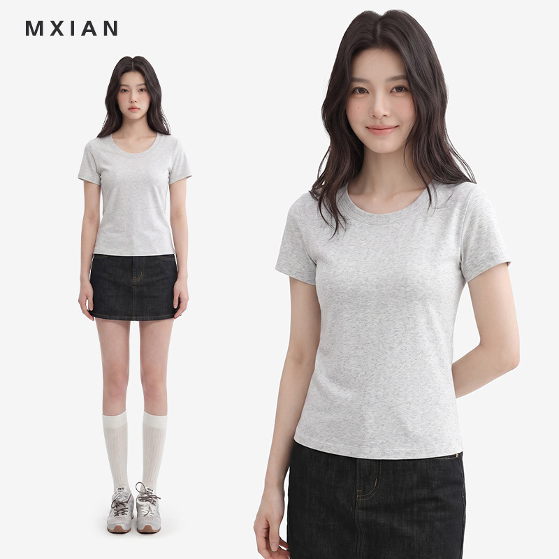 Solid color versatile gray U-neck short-sleeve T-shirt for women, summer slim-fit basic base shirt with straight shoulders