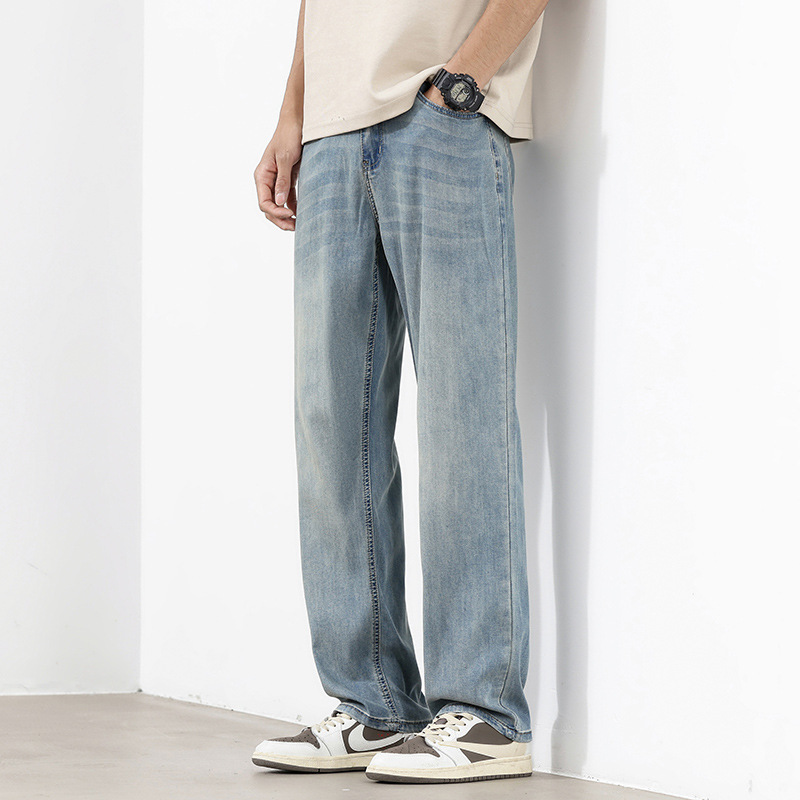 Men's Light Blue Straight-Leg Jeans, Washed and Distressed, Loose Fit, Japanese Style, Breathable Pants for Commuting