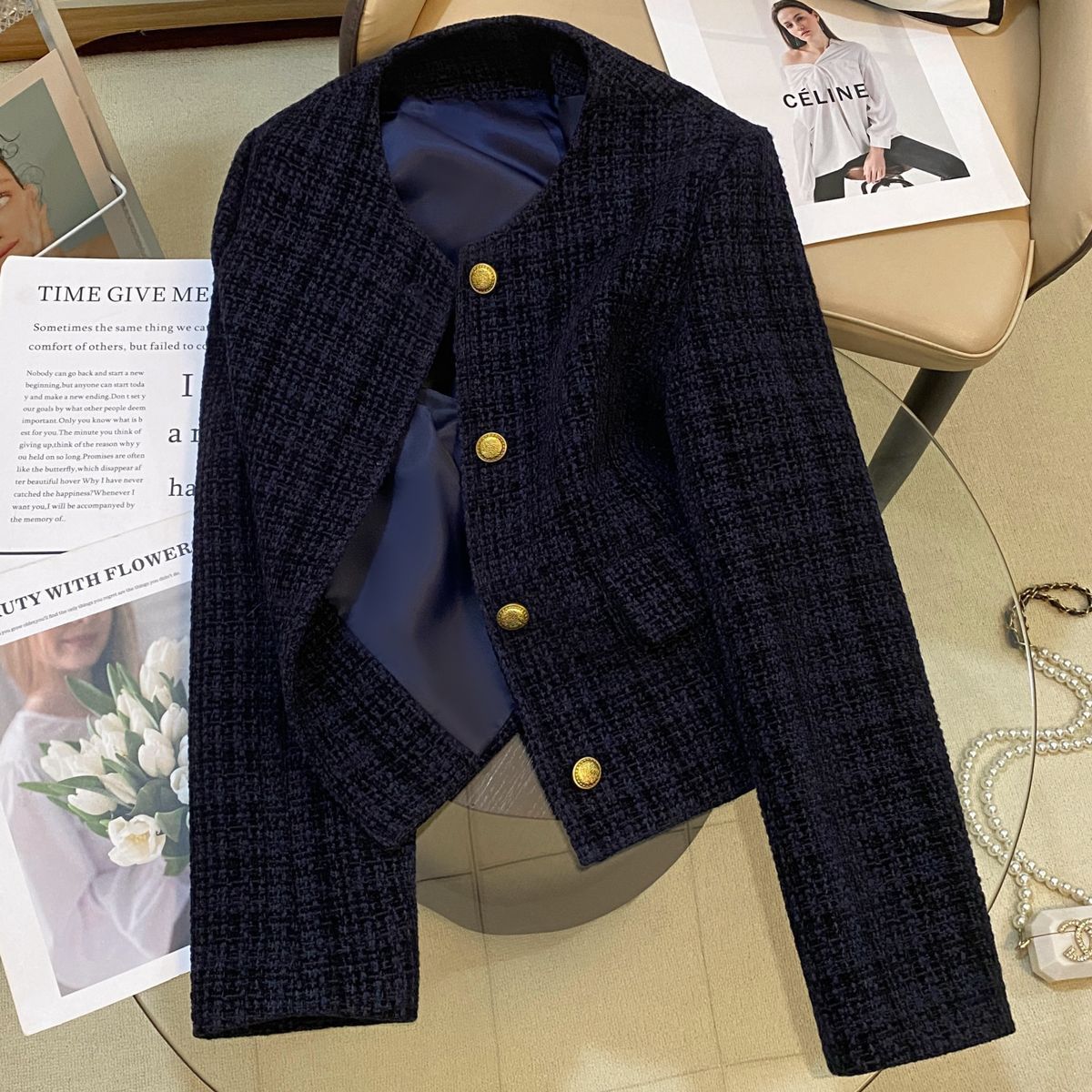 2025 New Autumn and Winter Popular Elegant Lady Casual Small Fragrance Style Navy Blue Small Fragrance Style Suit Jacket for Women