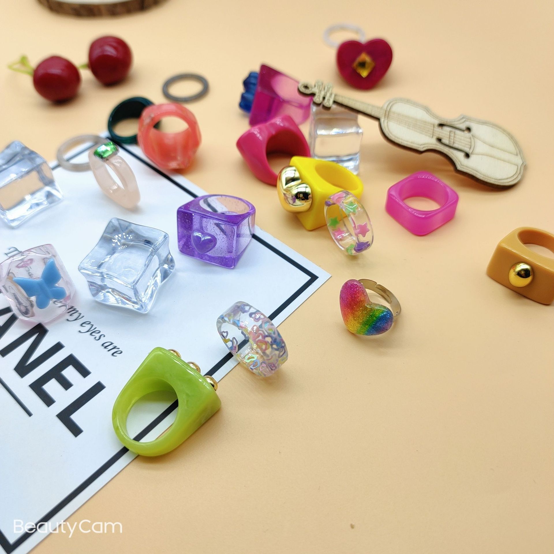 韩国流行树脂戒指亚克力指环卡通镶钻套装彩色欧美朋克跨境戒小熊