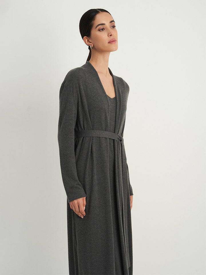 Bộ đầm dài kèm áo cardigan dệt kim dài tay nữ — Màu cà phê đậm, Màu hồng, Màu trắng, Màu xám chi tiết 114
