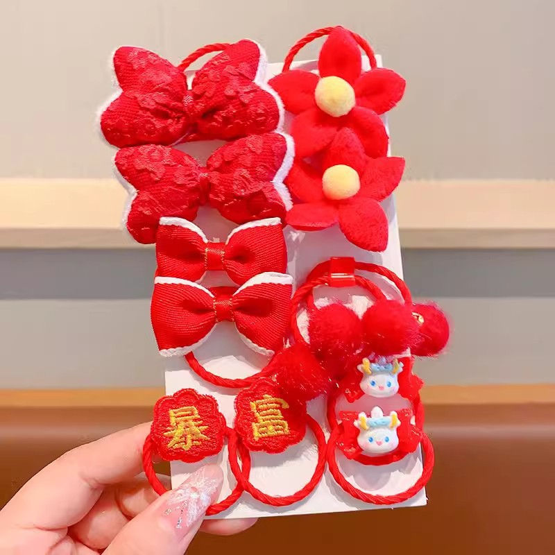 Banda de goma para niños arco de flores rojas para niñas festivo Año Nuevo cuerda de pelo niña no duele el pelo lazo anillo de pelo