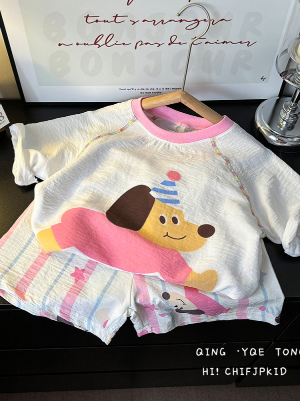 子供の夏のホーム服セット男の子カラーブロッククラウドコットンパジャマ女の赤ちゃん半袖ショーツ薄い空調服|undefined