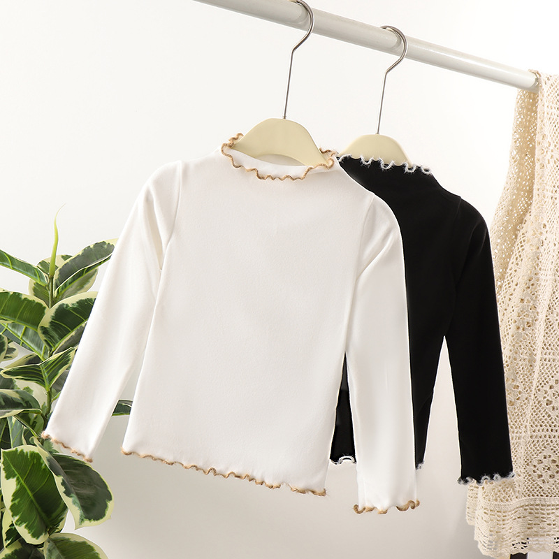 Terciopelo color a juego oreja de madera Otoño e Invierno estilo occidental de los niños de manga larga Camiseta bebé niñas todo partido medio y grande camisa de fondo de los niños