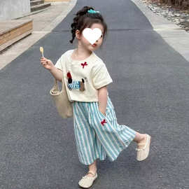 女童夏装卡通短袖条纹裤两件套2025新款中小童洋气可爱休闲套装潮