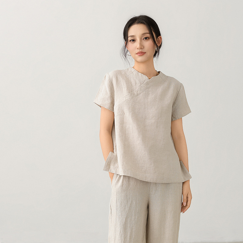 Deer and an Di Women's New Hemp Short-Sleeve T-Shirt, Summer Design, New Chinese Style, Retro Solid Color Versatile Top Deer and an Di Women's New Hemp Short-Sleeve T-Shirt, Summer Design, New Chinese Style, Retro Solid Color Versatile Top