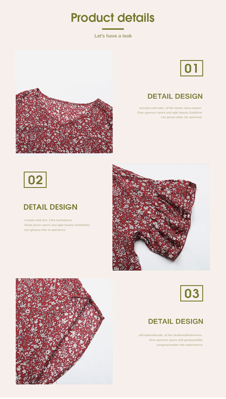 Floral V-neck Loose Red Pullover Short Sleeve Shirt_voghion.com