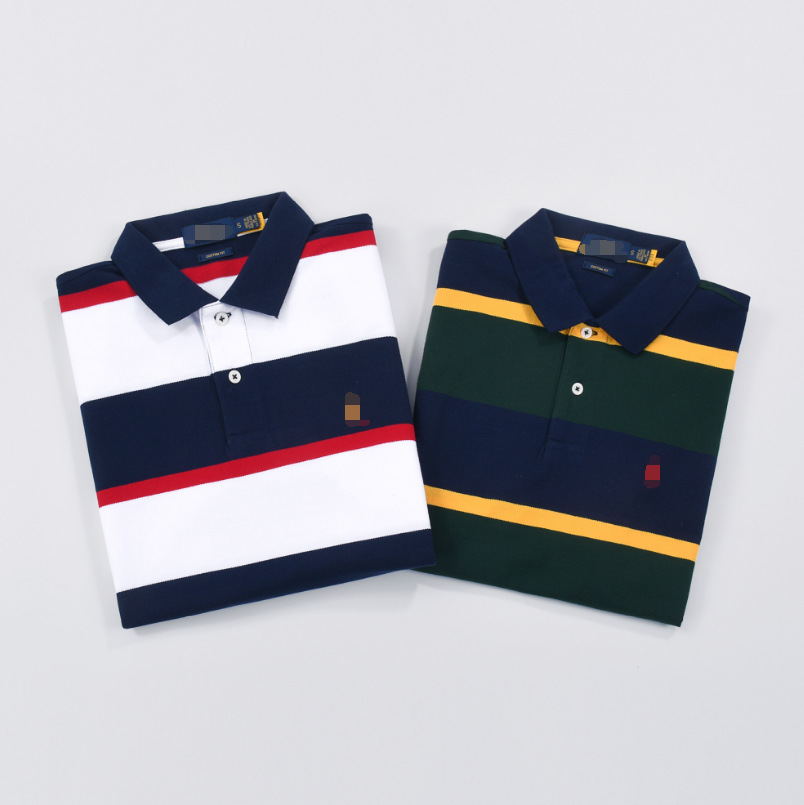 Striped Pony Men's Lapel Embroidered Color Matching Pure Cotton Large Size Loose Short-Sleeved T-Shirt Export Popular Polo Shirt