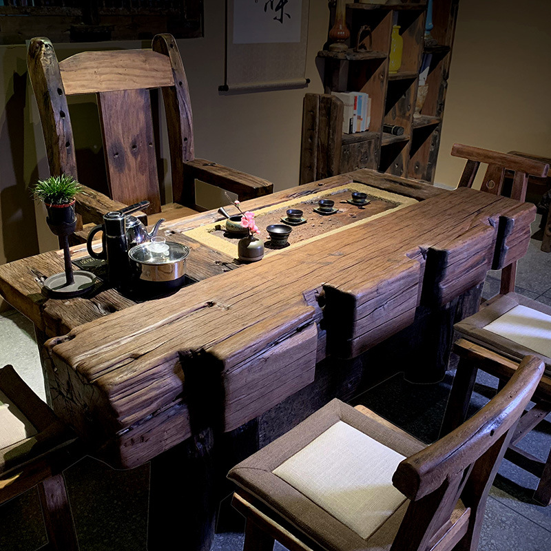 老船木茶桌椅组合实木功夫茶台户外茶艺桌老石槽流水泡茶台