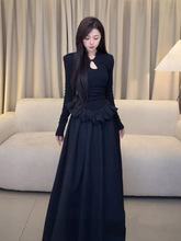 新中式立领盘扣长袖连衣裙女秋季新款收腰显瘦高级感A字花苞长裙