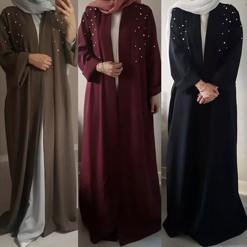 F949 Women's Long Dress Abaya, Middle Eastern Dubai, Pearl-embellished, Plus Size Open Cardigan Robe