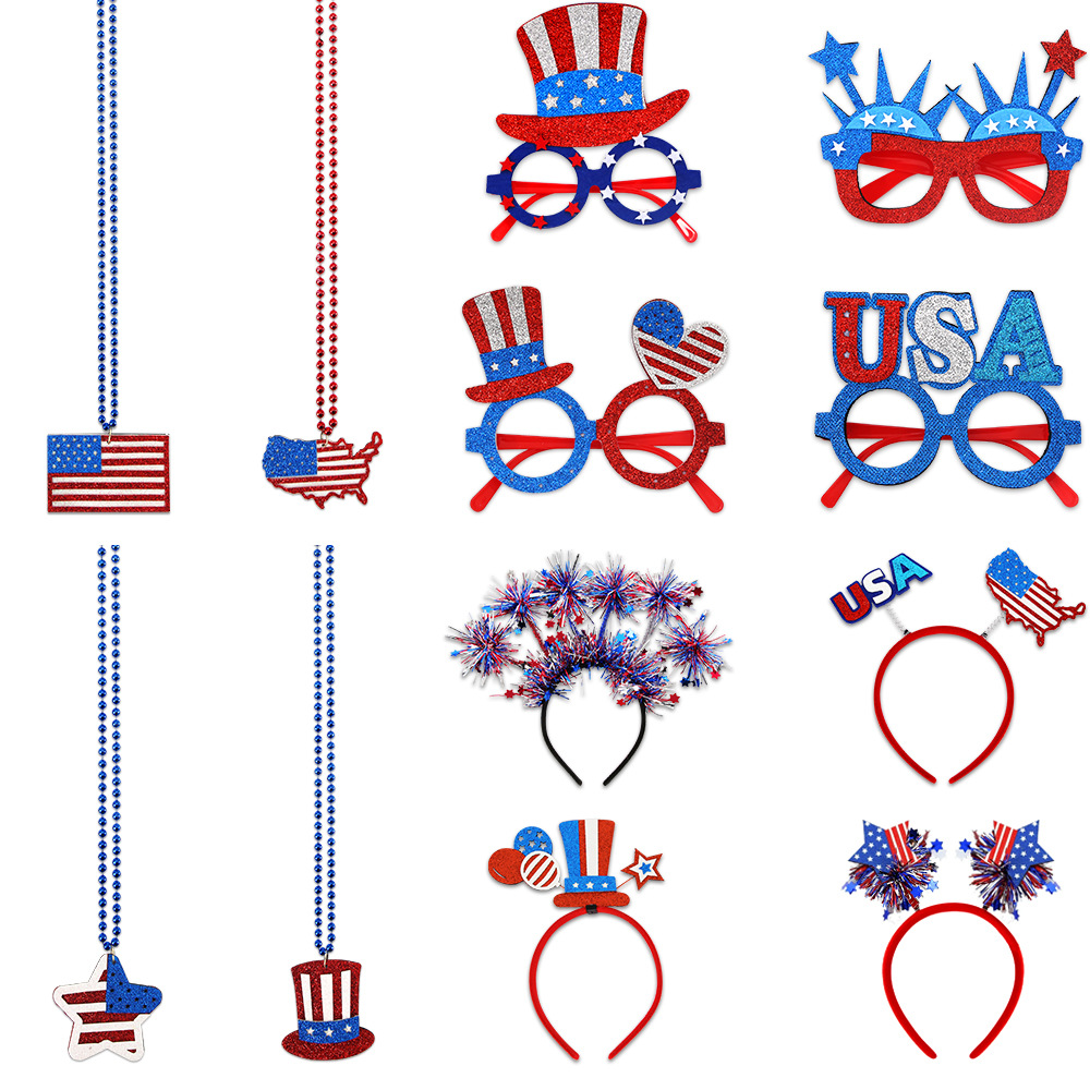 Nuevo conjunto de día de la independencia USA gorra gafas rojo, blanco, azul estrella bandana de cabeza desfile patriótico collar decoración de fiesta