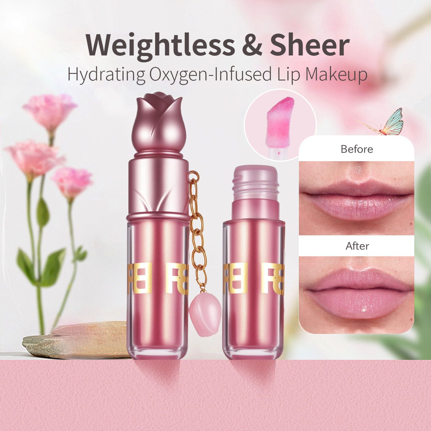Rose Flower Lip Gloss with Fine Shimmer, Moisturizing and Hydrating, Clear and Easy to Apply, Long-Lasting Mirror Finish, Cross-Border Lip Makeup