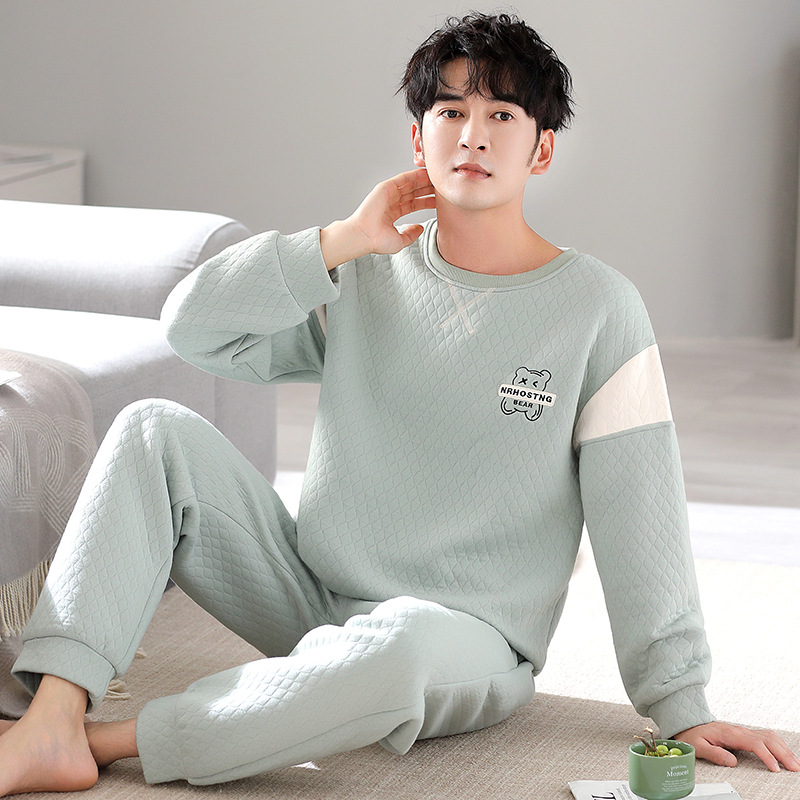 Pijamas de algodón de aire para hombres otoño y invierno engrosados manga larga primavera y otoño intercalado coreano nuevo conjunto de ropa de hogar caliente