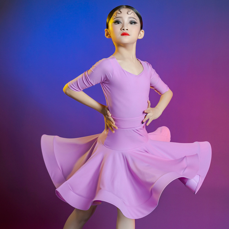Girls Pink Purple Latin ballroom dance dresses children's competition