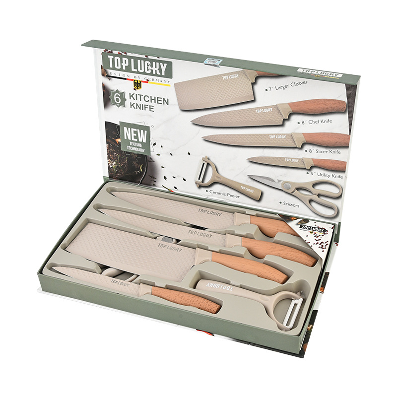 6 piezas de acero inoxidable cuchillo de cocina afilado tijeras de madera aprobar cuchillo de cocina conjunto de herramientas de regalo