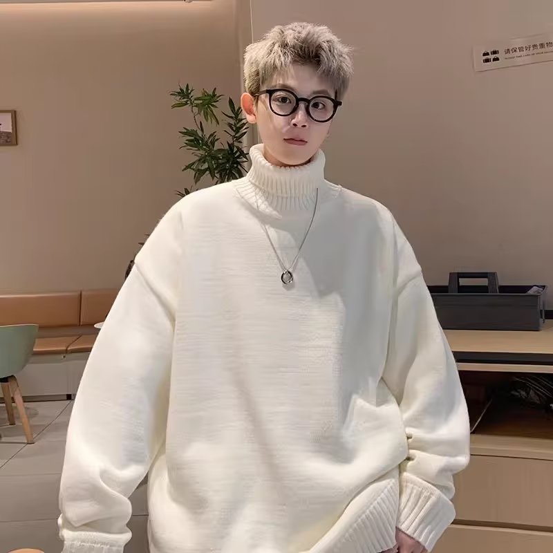 Otoño e Invierno Hong Kong estilo de color sólido de cuello alto suéter de los hombres de estilo coreano de moda guapo de punto camisa de fondo forrada de lana suéter suelto suéter