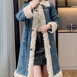 羊羔毛拼接牛仔风衣棉服外套女中长款冬季保暖大毛领过膝夹克棉衣