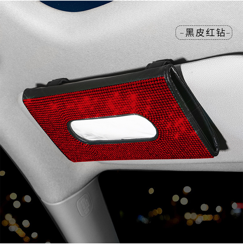 Car Sun Visor Tissue Box Leather Seat Back Diamond Tissue Holder Creative Fashion Women's Rhinestone Car Tissue Box