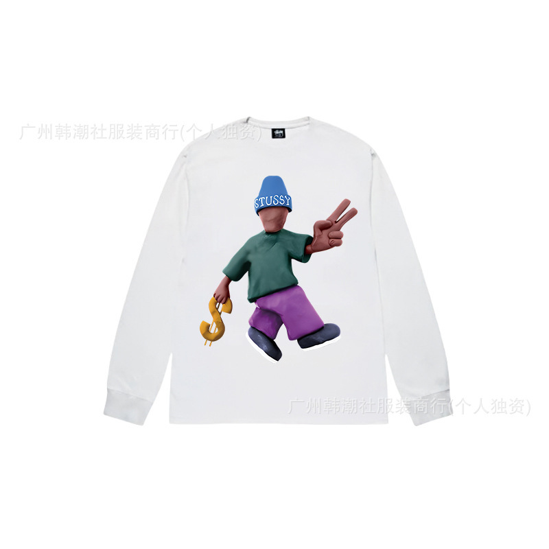 25S跨境斯图西长袖印花t恤美式潮牌STUSSY圆筒布休闲宽松男女同款|undefined