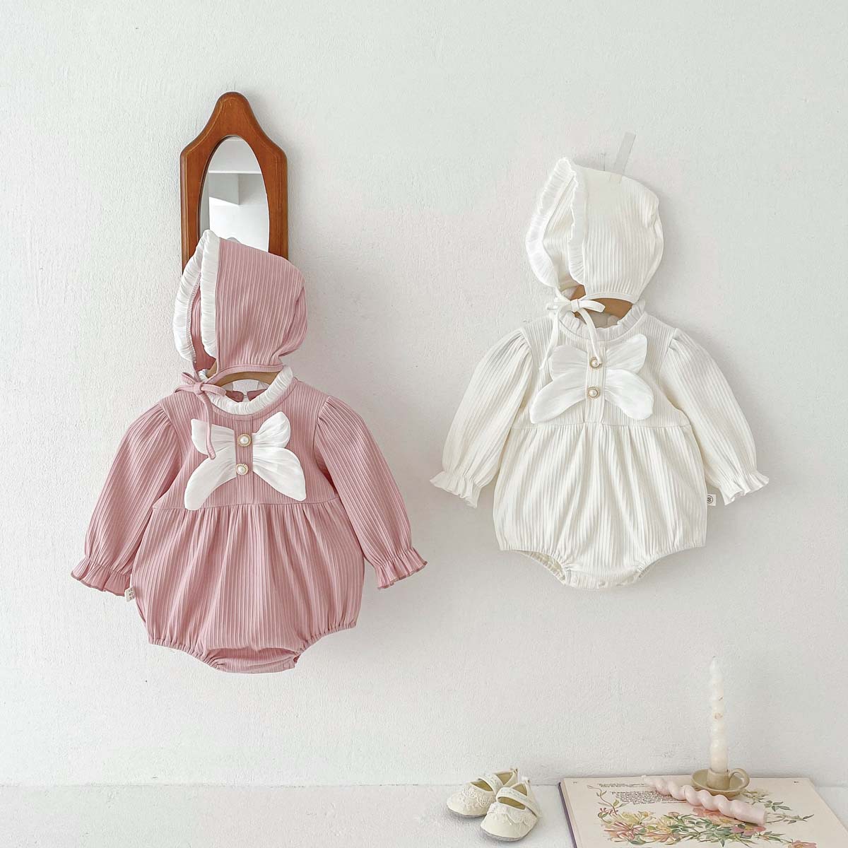 Bebé primavera y otoño vaina niña dulce arco de manga larga mono recién nacido cien días princesa ropa