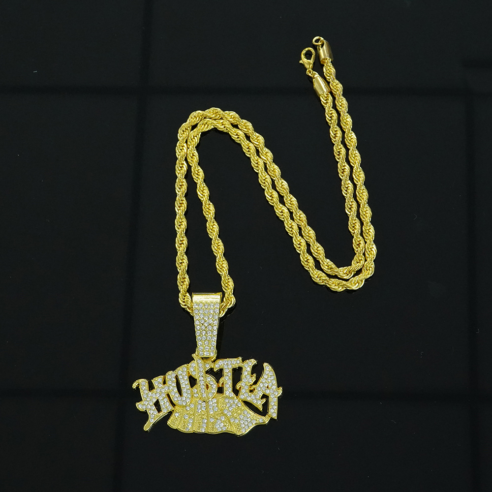 2025 nueva aleación con letras de diamantes completos Hustla colgante para hombres y mujeres moda hip-hop joyería con collar de giro de 5mm