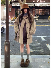 美式复古卡其色翻领大口袋风衣女秋季设计感休闲宽松百搭外套大衣
