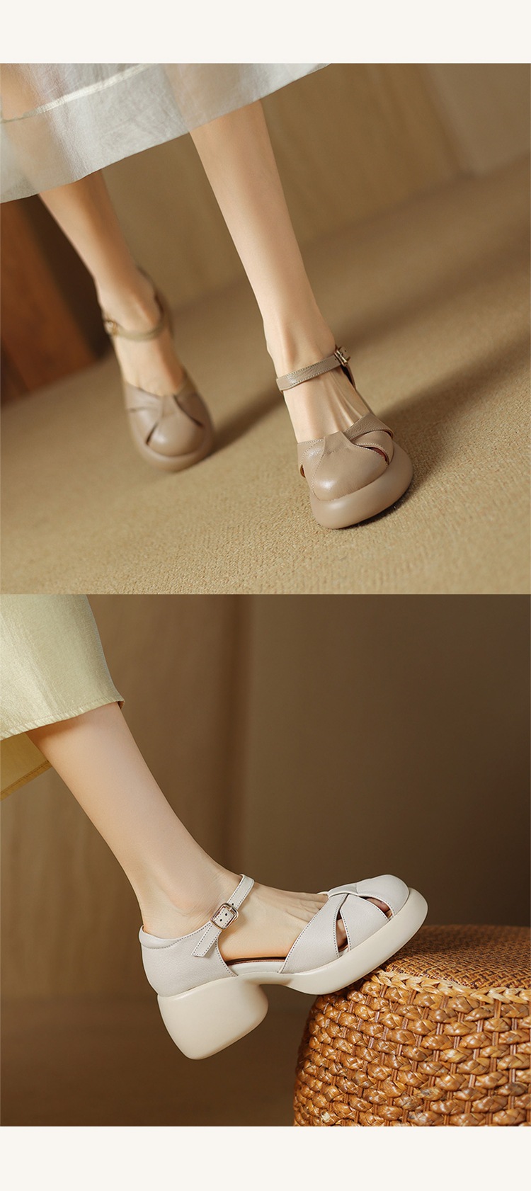 Sandal cao gót nữ quai ngang da cừu mũi nhọn đế dày — Màu be chi tiết 8