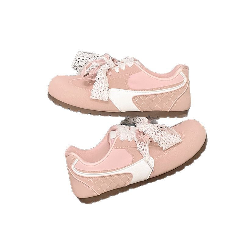 Zapatillas de deporte rosa para mujer 2025 nuevas carreras de primavera y otoño casual todo-fósforo encaje nicho zapatos de entrenamiento de ballet de suela fina de fondo plano