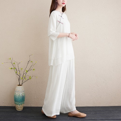 白い禅服、レトロな唐服、綿麻茶服、禅瞑想服、中国風禅女性服2点セット|undefined