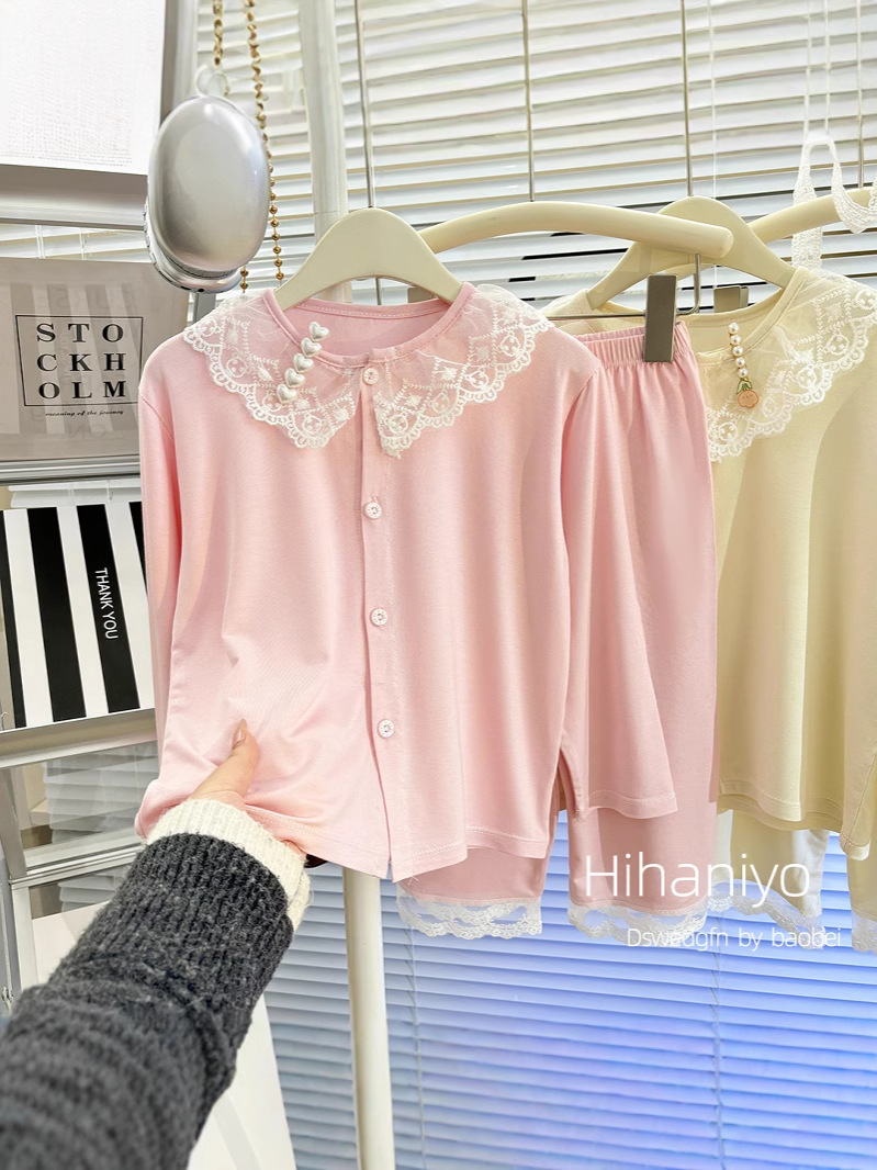 Traje modal para niños, chaqueta de punto delgada de verano para niñas, ropa de aire acondicionado de manga larga, pijamas de servicio a domicilio para padres e hijos para niños grandes