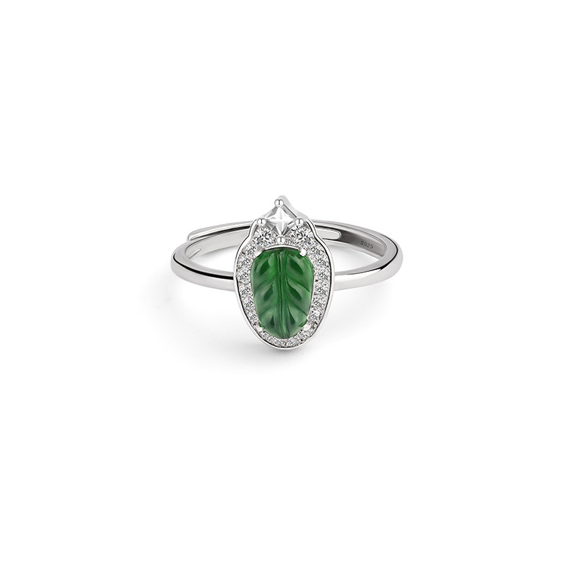 Material peligroso natural, rama de oro de jade, hoja de jade, anillo de plata esterlina s925, sentido de diseño de nicho femenino, apertura exquisita ajustable