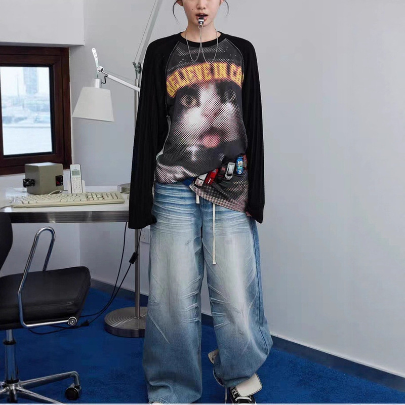 Motorcycle Cat Print Raglan Sleeve Long-Sleeved T-Shirt Women's Patchwork Design Loose Top