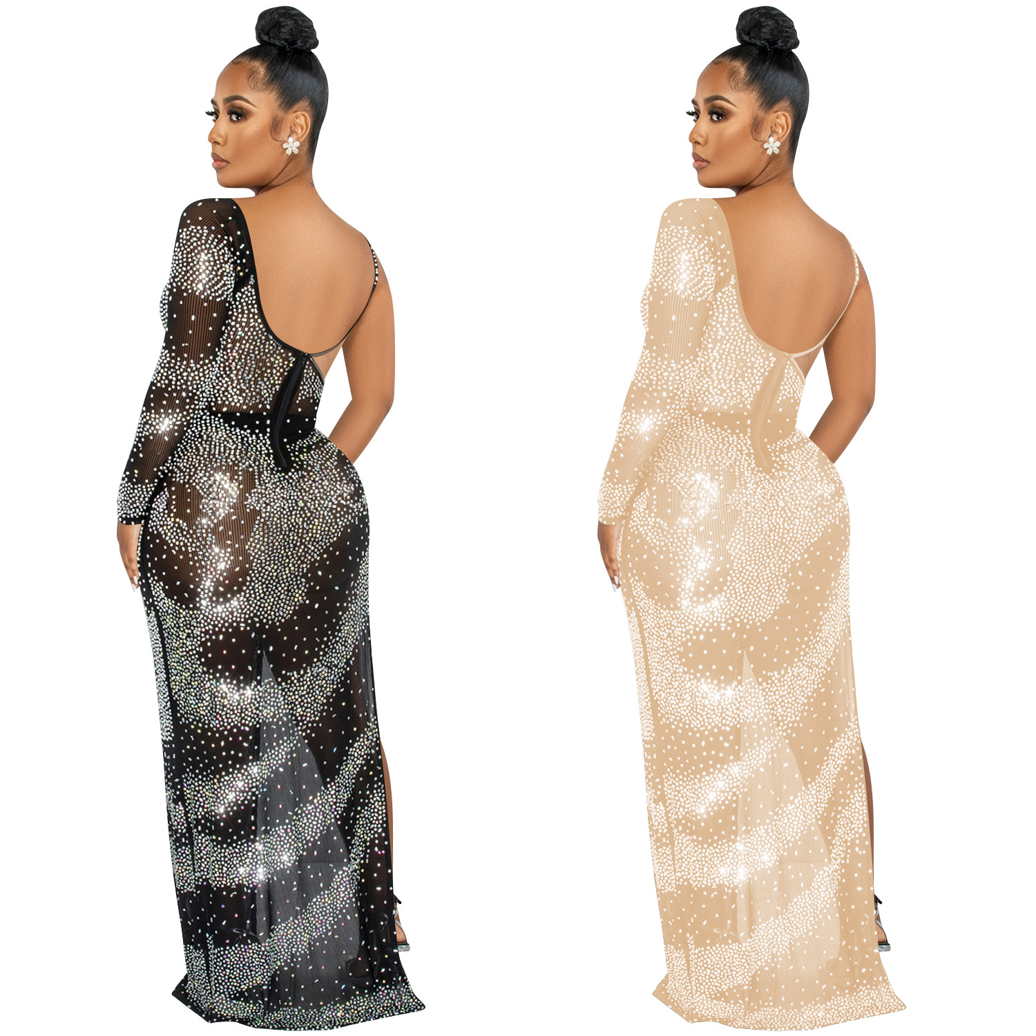 X5622 AliExpress Amazon moda sexy discoteca perforación caliente solo manga larga irregular split vestido image 5