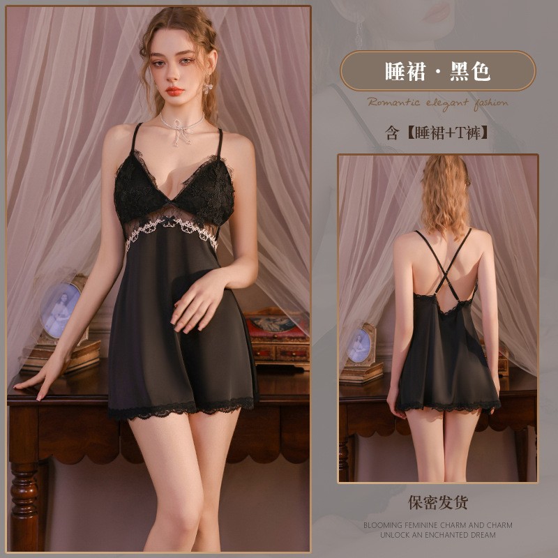 荣华服装缎面性感内衣高级感法式吊带睡裙浪漫蕾丝拼接透视家居裙