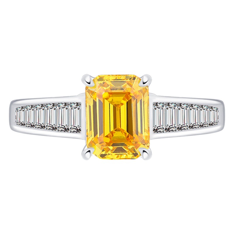 Zhuang Sheng joyería S925 todo el cuerpo de plata de la venta caliente de simulación de color tesoro amarillo diamante blanco cuentas de diamantes cuadrados con incrustaciones anillo de piedra principal 6*8