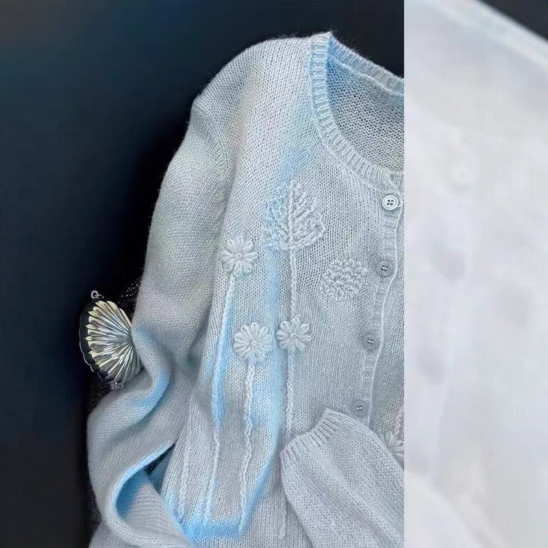 软糯立体刺绣小香风圆领针织开衫女秋季减龄百搭时尚宽松毛衣|undefined