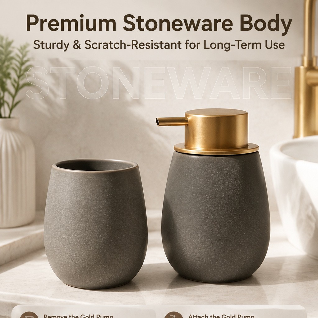 Kiln-fired gray ceramic mouthwash cup and lotion dispenser bottle, dual-purpose, light luxury hotel bathroom hand sanitizer chubby cup