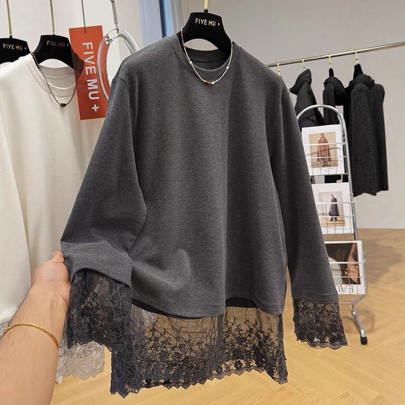 European Design Lace Long-Sleeved T-Shirt for Women in Autumn and Winter Loose Large Size Mid-Length Inner Brushed Bottoming Shirt Top European Design Lace Long-Sleeved T-Shirt for Women in Autumn and Winter Loose Large Size Mid-Length Inner Brushed Bottoming Shirt Top