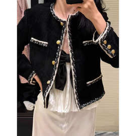 秋冬新款名媛风圆领长袖竖条灯芯绒外套短款外套时髦百搭女